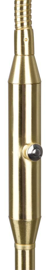 Nahaufnahme eines goldfarbenen, zylindrischen Teils einer LED-Lampe mit einem silbernen Knopf, seitliche Perspektive