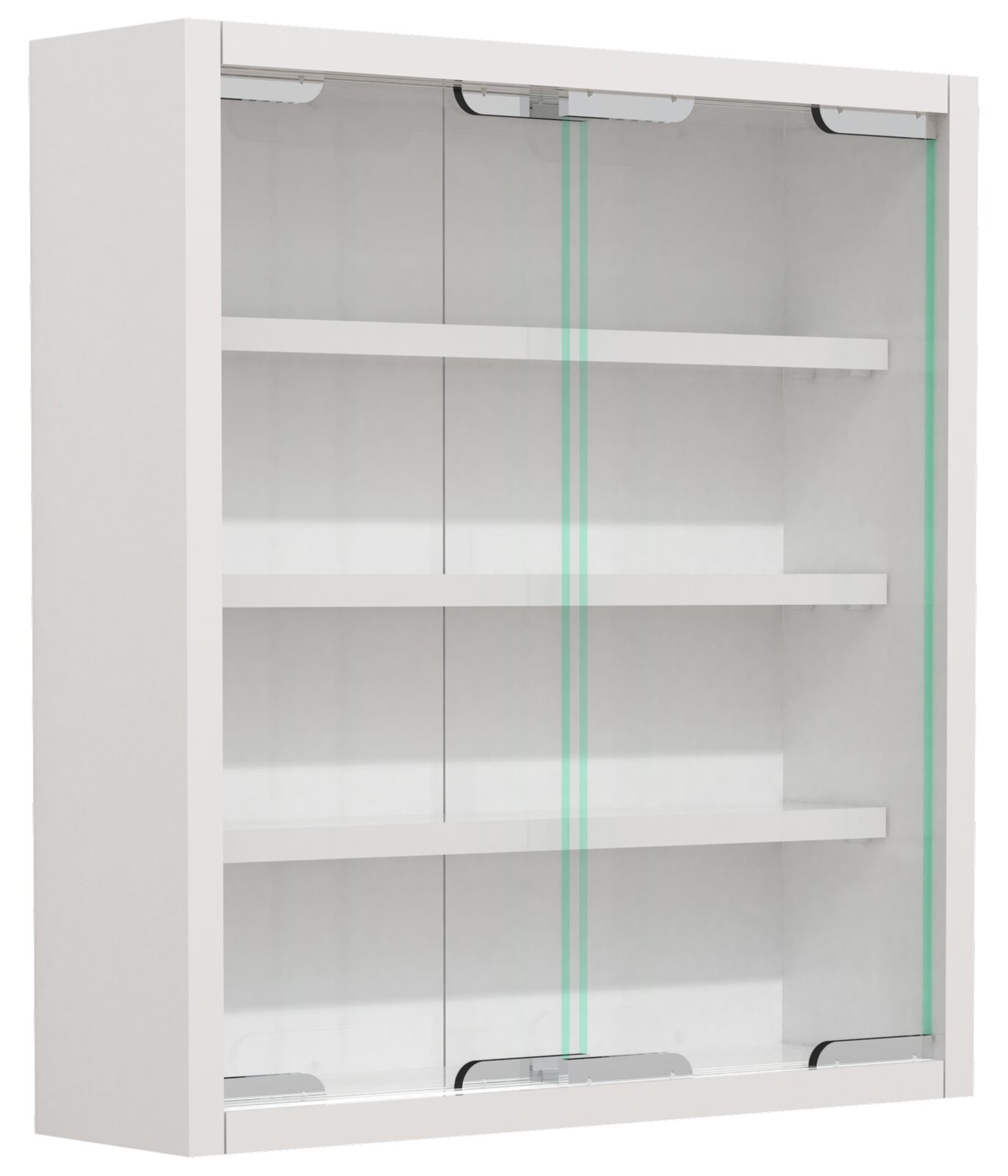 Weißer Hängeschrank mit zwei transparenten Glasschiebetüren und drei Ablageböden, frontal aus leicht schräger Perspektive von links fotografiert.