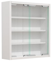 Weißer Hängeschrank mit zwei transparenten Glasschiebetüren und drei Ablageböden, frontal aus leicht schräger Perspektive von links fotografiert.