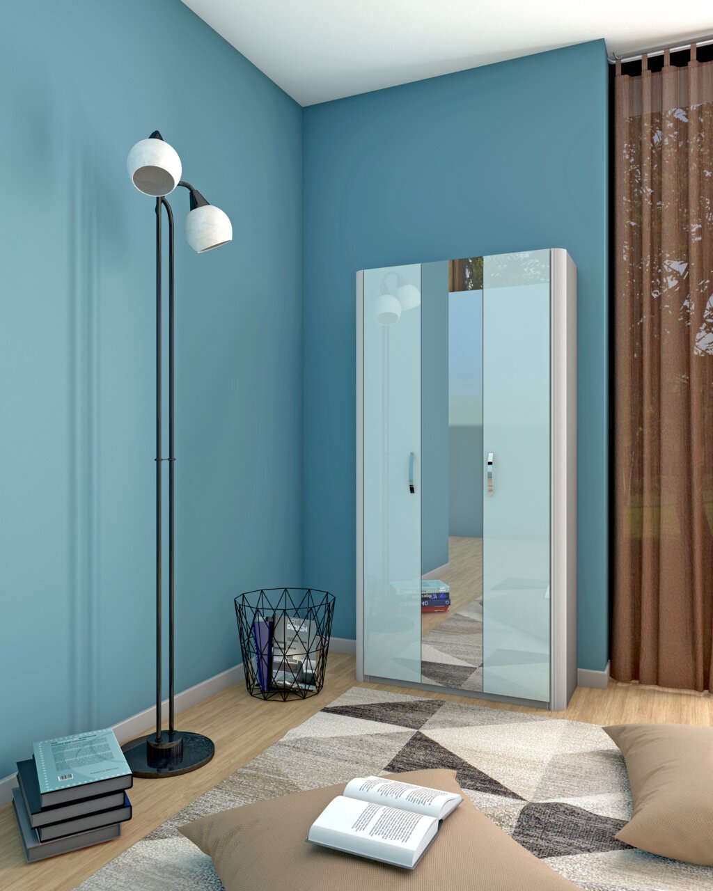 Mehrzweckschrank mit Spiegeltüren in einem modernen Raum, seitliche Perspektive