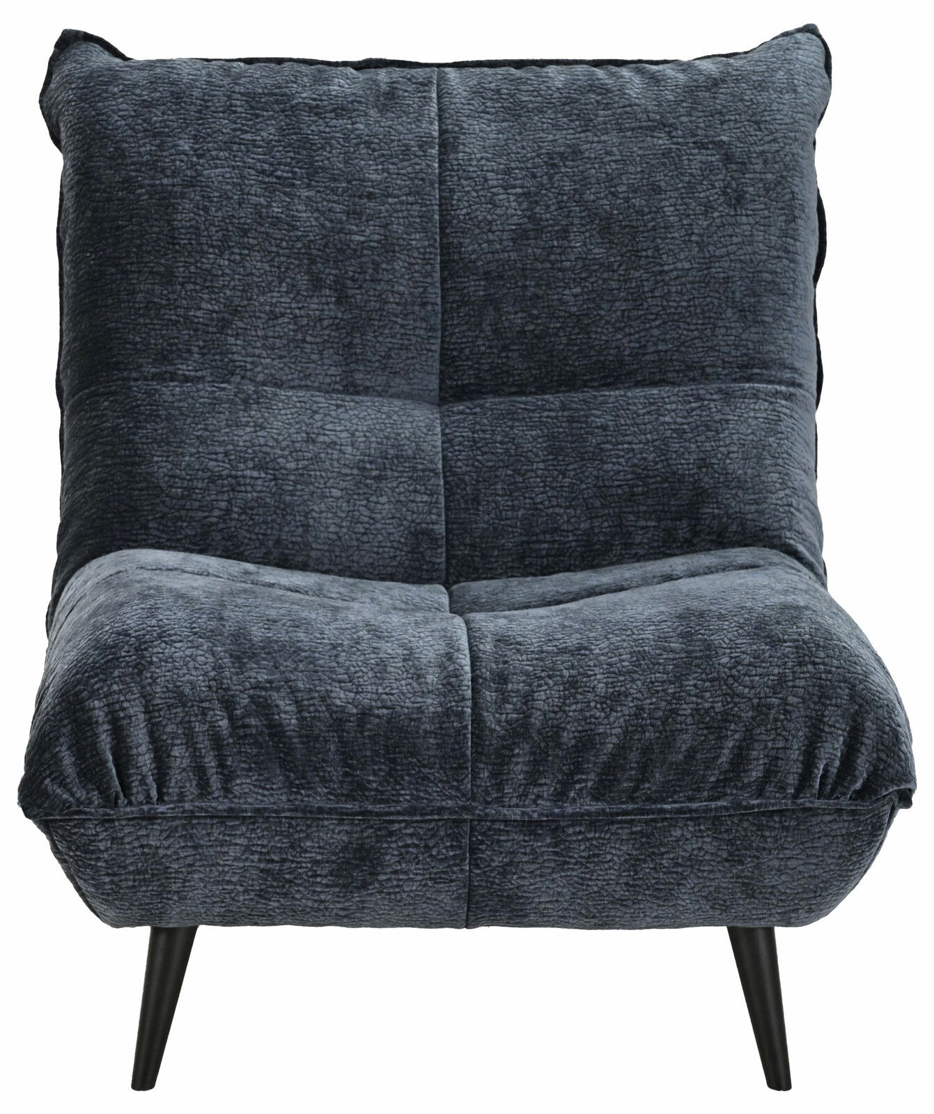 Moderner, dunkelgrauer Sessel mit weichem Stoffbezug und schwarzen, schrägen Beinen, Frontalansicht.