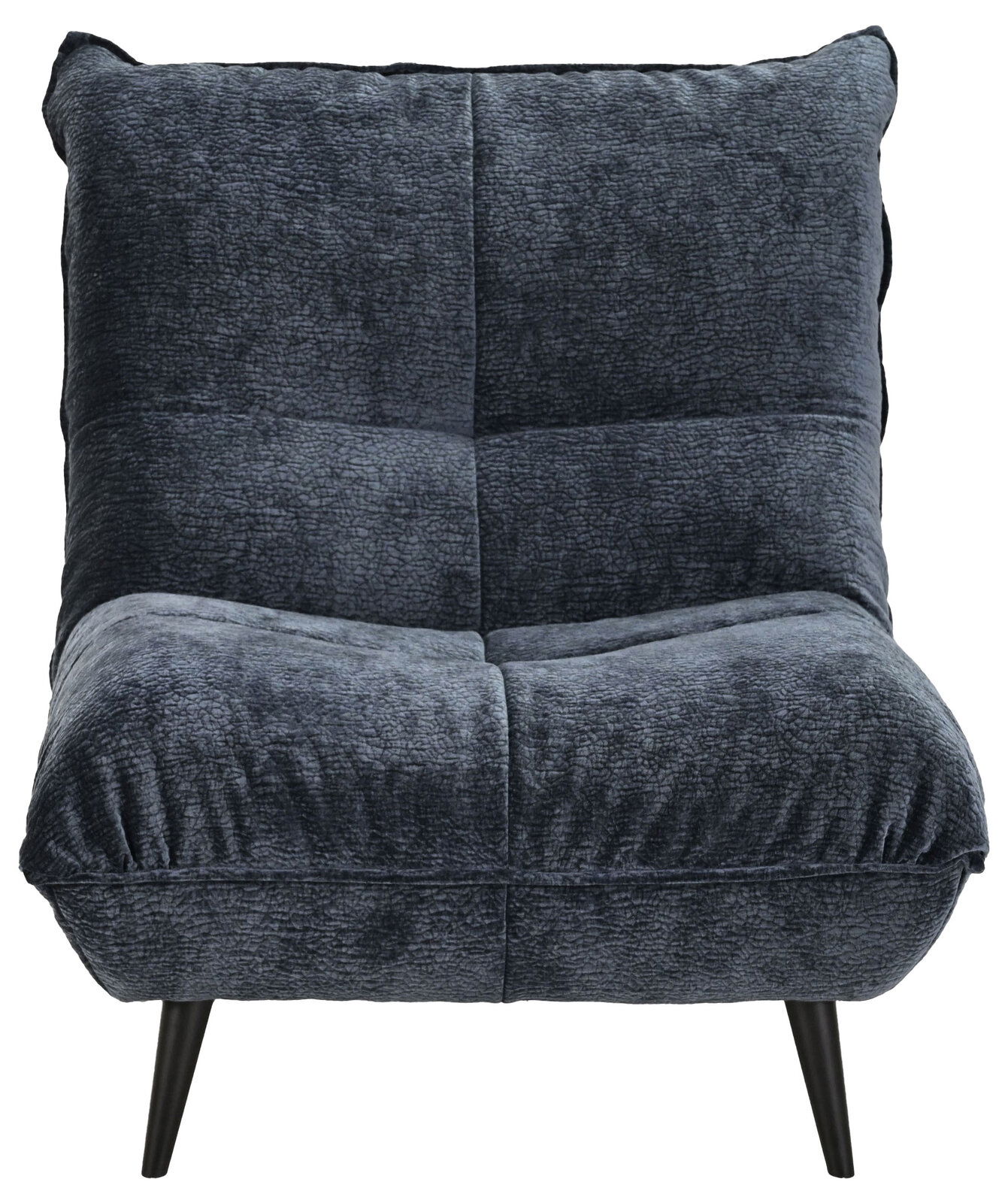 Moderner, dunkelgrauer Sessel mit weichem Stoffbezug und schwarzen, schrägen Beinen, Frontalansicht.