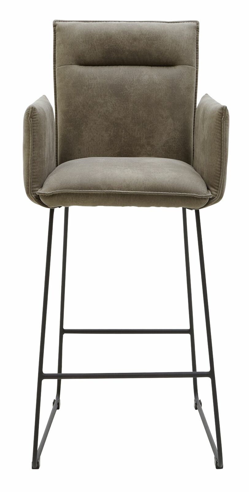 Frontansicht eines modernen Tresensessels mit gepolstertem Sitz und Rückenlehne in grauem Stoff, sowie schwarzen Metallbeinen.