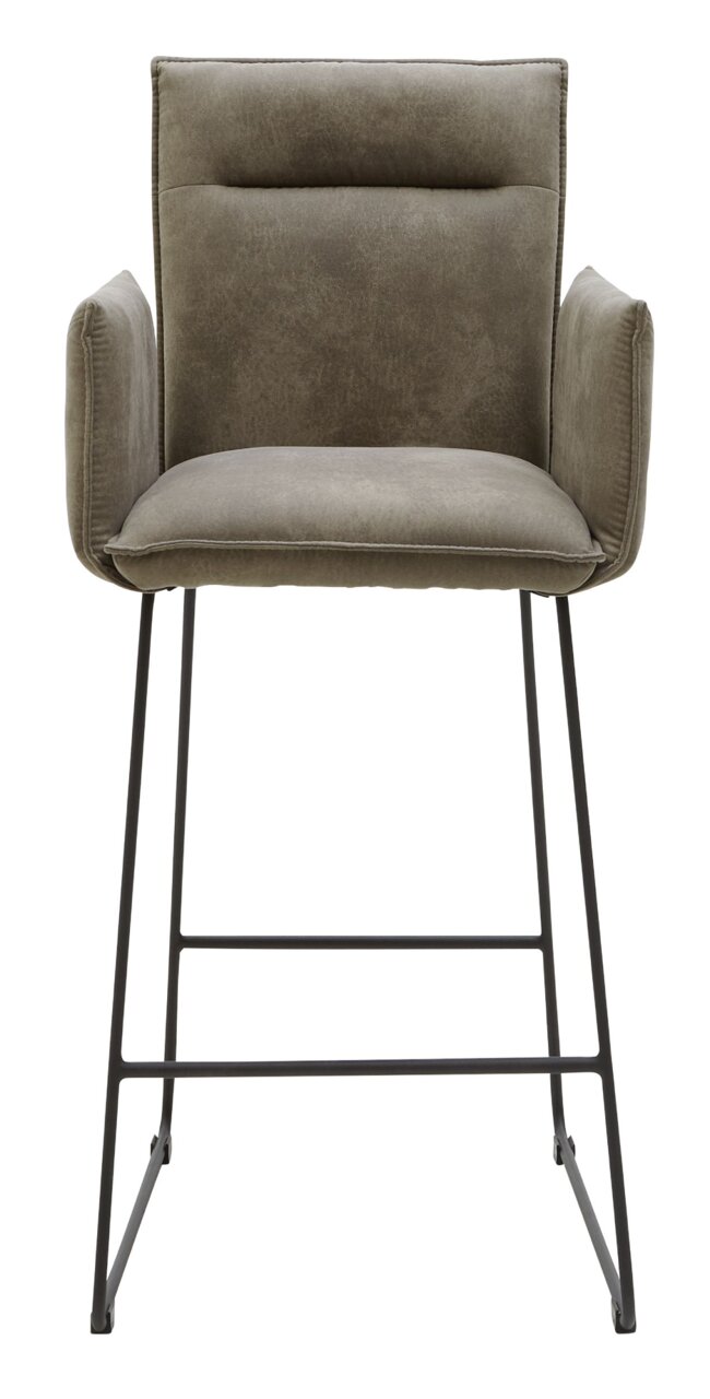 Frontansicht eines modernen Tresensessels mit gepolstertem Sitz und Rückenlehne in grauem Stoff, sowie schwarzen Metallbeinen.