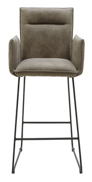 Frontansicht eines modernen Tresensessels mit gepolstertem Sitz und Rückenlehne in grauem Stoff, sowie schwarzen Metallbeinen.