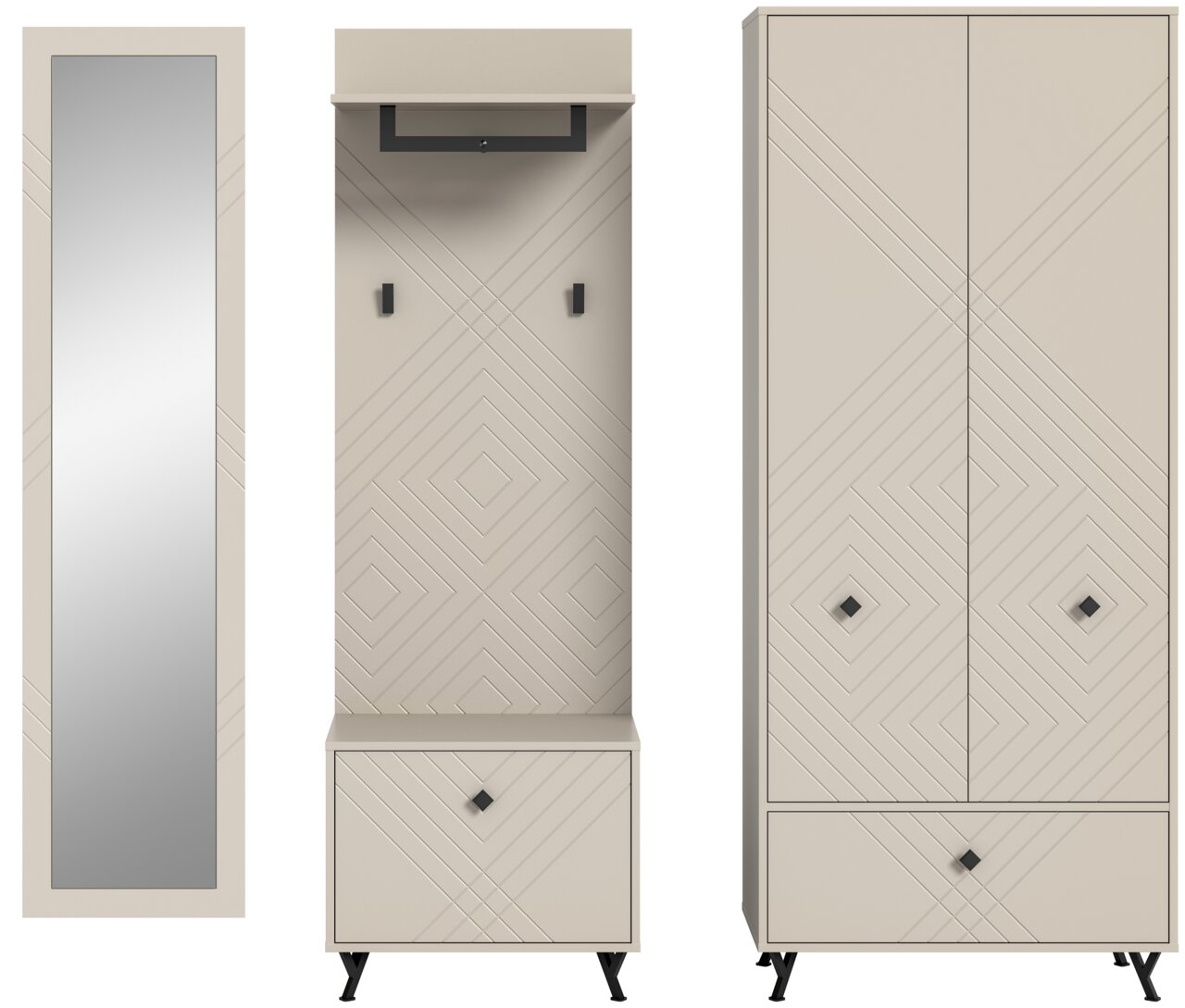Garderobenkombination in modernem Design mit geometrischen Mustern, bestehend aus einem hohen Spiegel, einem Garderobenpaneel mit Haken und einem Schrank mit Türen und Schublade, frontal abgebildet.