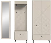 Garderobenkombination in modernem Design mit geometrischen Mustern, bestehend aus einem hohen Spiegel, einem Garderobenpaneel mit Haken und einem Schrank mit Türen und Schublade, frontal abgebildet.