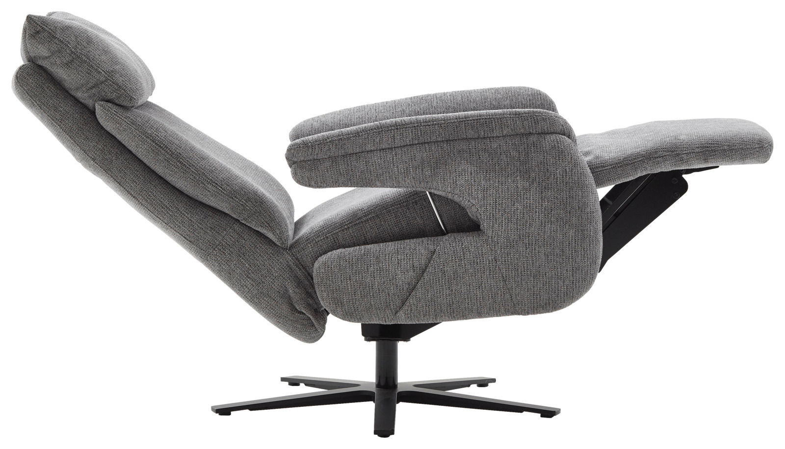 Grauer Fernsehsessel in seitlicher Perspektive, vollständig zurückgelehnt auf einem schwarzen Drehfuß.
