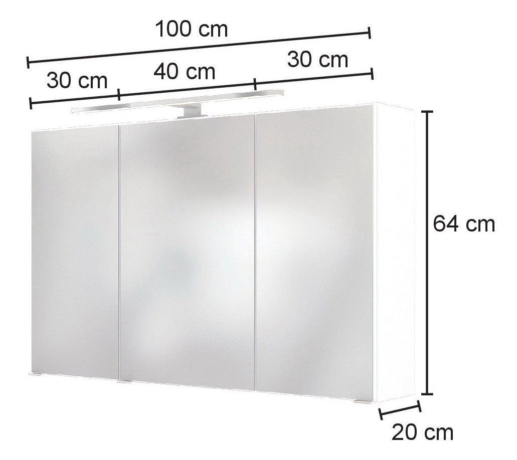 Moderner Spiegelschrank mit drei Türen, Gesamtbreite 100 cm, Höhe 64 cm, Tiefe 20 cm, mit integrierter Beleuchtung, Frontalansicht.