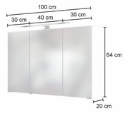 Moderner Spiegelschrank mit drei Türen, Gesamtbreite 100 cm, Höhe 64 cm, Tiefe 20 cm, mit integrierter Beleuchtung, Frontalansicht.