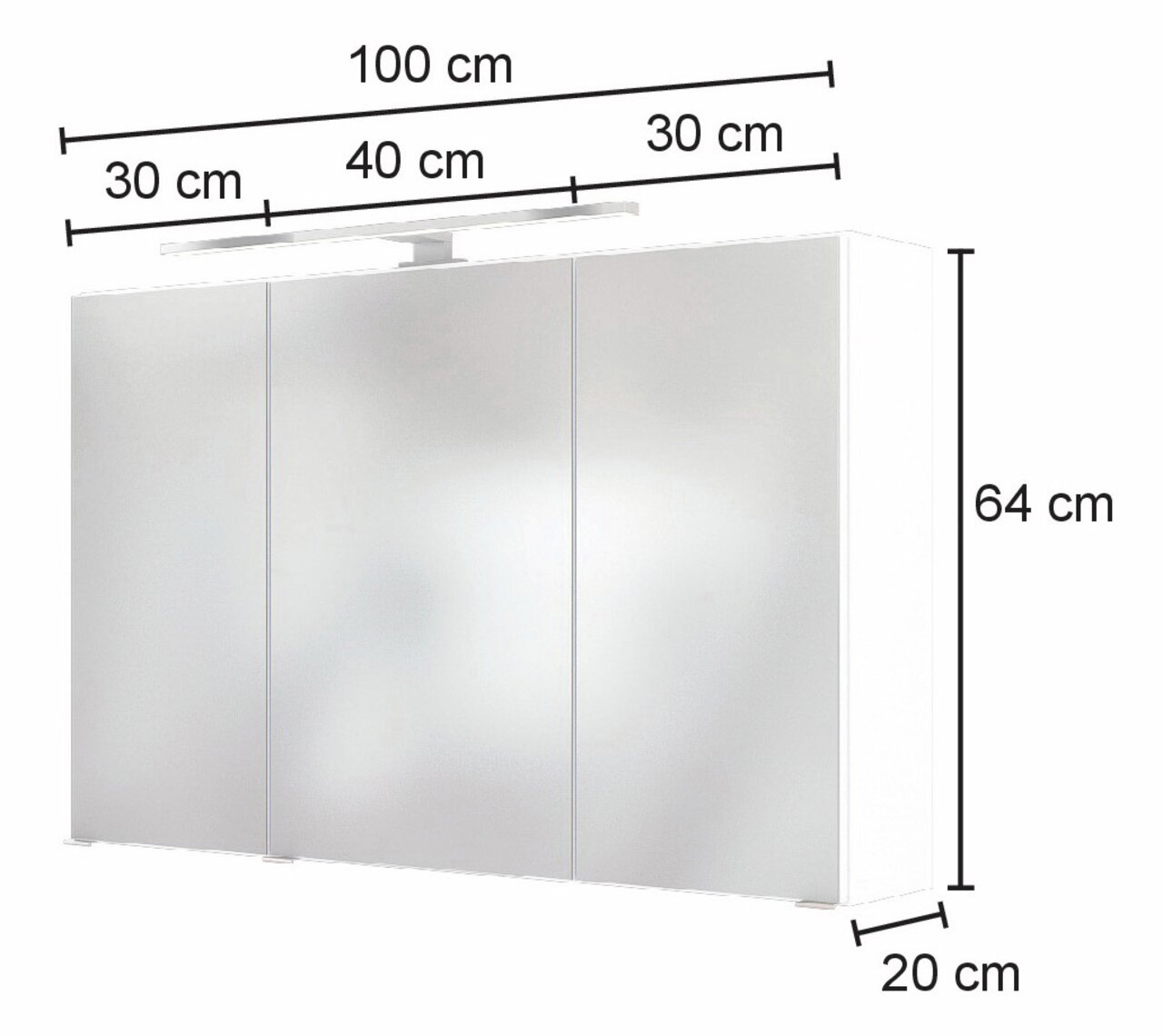 Moderne spiegelkast met drie deuren, totale breedte 100 cm, hoogte 64 cm, diepte 20 cm, met ingebouwde verlichting, vooraanzicht.