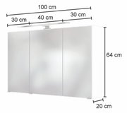 Moderne spiegelkast met drie deuren, totale breedte 100 cm, hoogte 64 cm, diepte 20 cm, met ingebouwde verlichting, vooraanzicht.