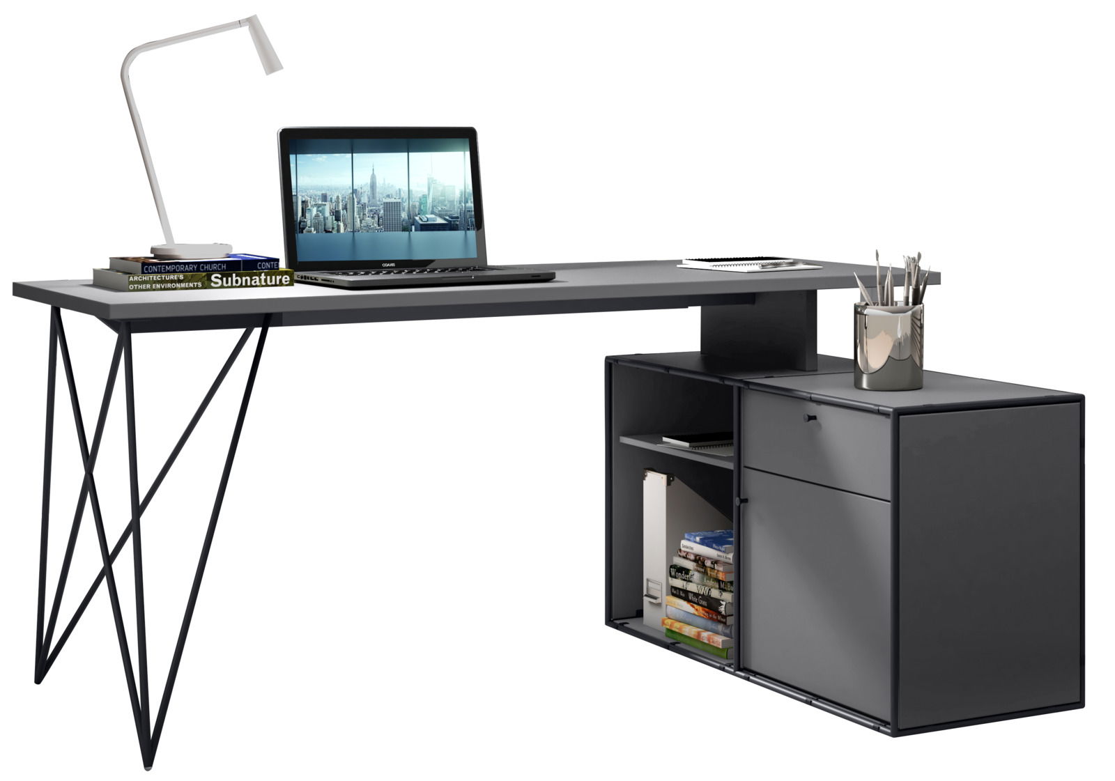 Moderner Winkelschreibtisch mit Kommode, seitliche Perspektive, ausgestattet mit Laptop, Lampe und Büchern.