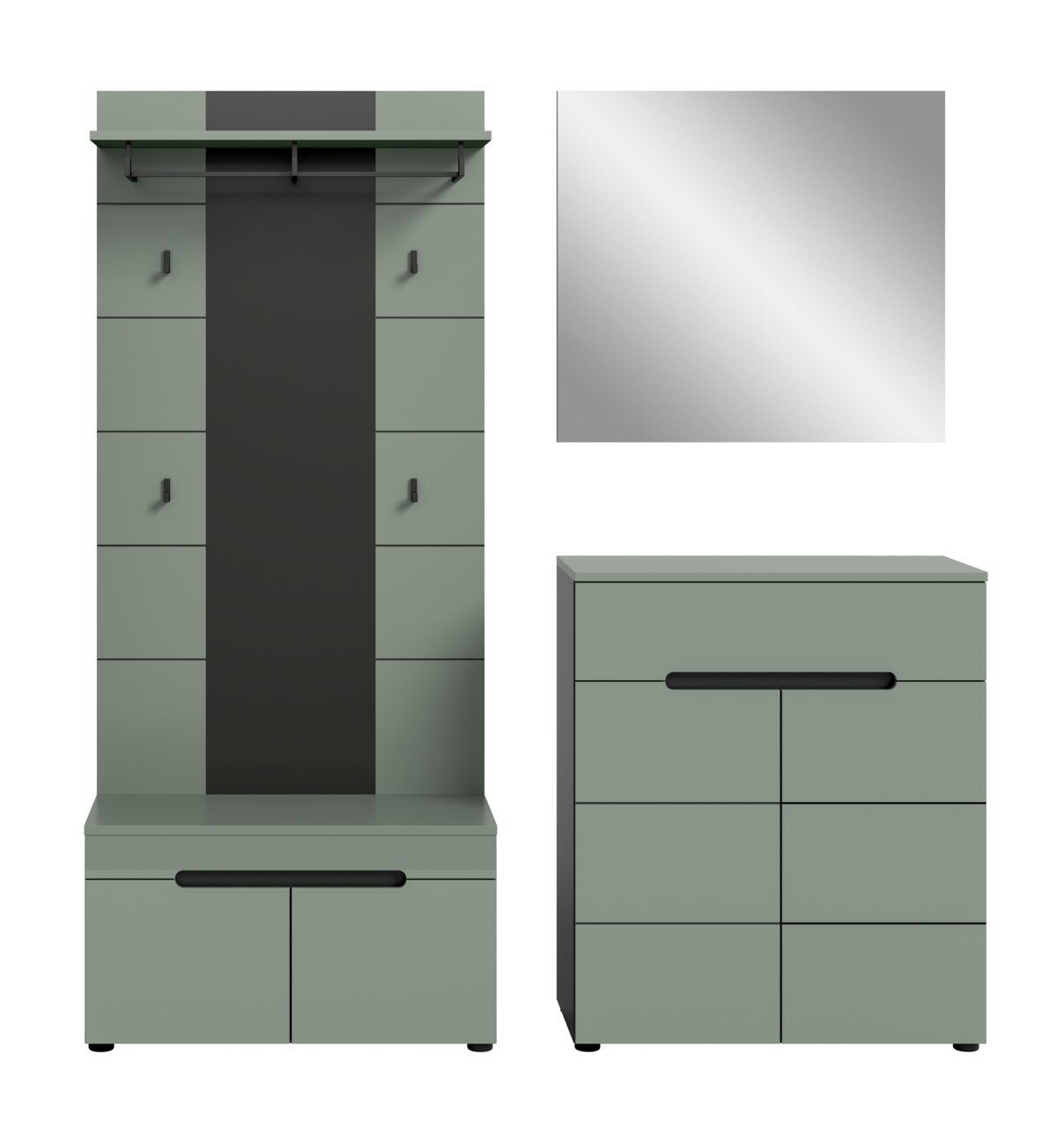 Moderner Flurmöbel-Set in Salbeigrün mit schwarzem Mittelpanel und schwarzer Kleiderstange, links als hohe Garderobe in Frontalansicht, rechts unten eine Kommode in 3/4-Ansicht, rechts oben ein quadratischer Spiegel in Frontalansicht