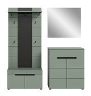 Moderner Flurmöbel-Set in Salbeigrün mit schwarzem Mittelpanel und schwarzer Kleiderstange, links als hohe Garderobe in Frontalansicht, rechts unten eine Kommode in 3/4-Ansicht, rechts oben ein quadratischer Spiegel in Frontalansicht