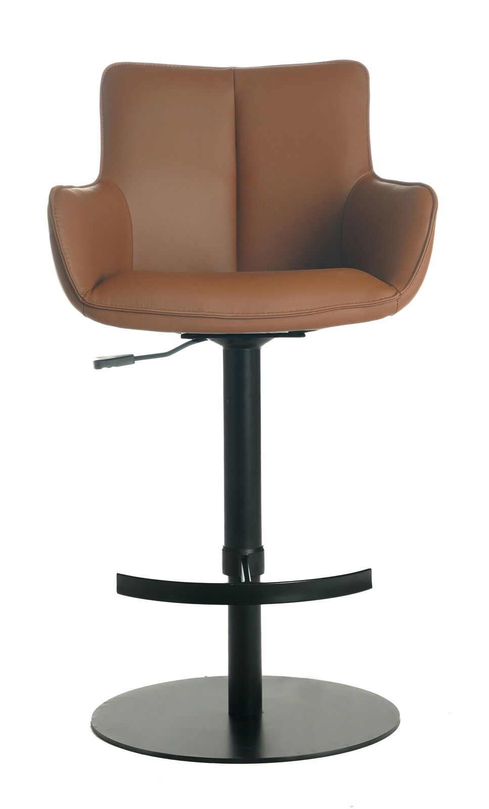 Moderner Barhocker mit braunem Kunstlederbezug und schwarzem Metallgestell, Frontalansicht