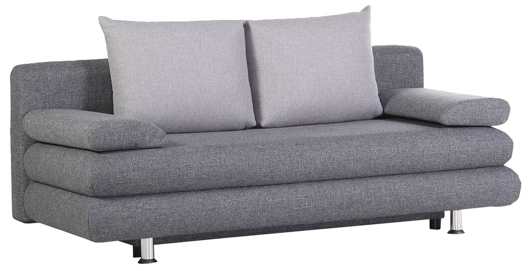 Graues Funktionssofa mit zwei Kissen, seitliche Perspektive