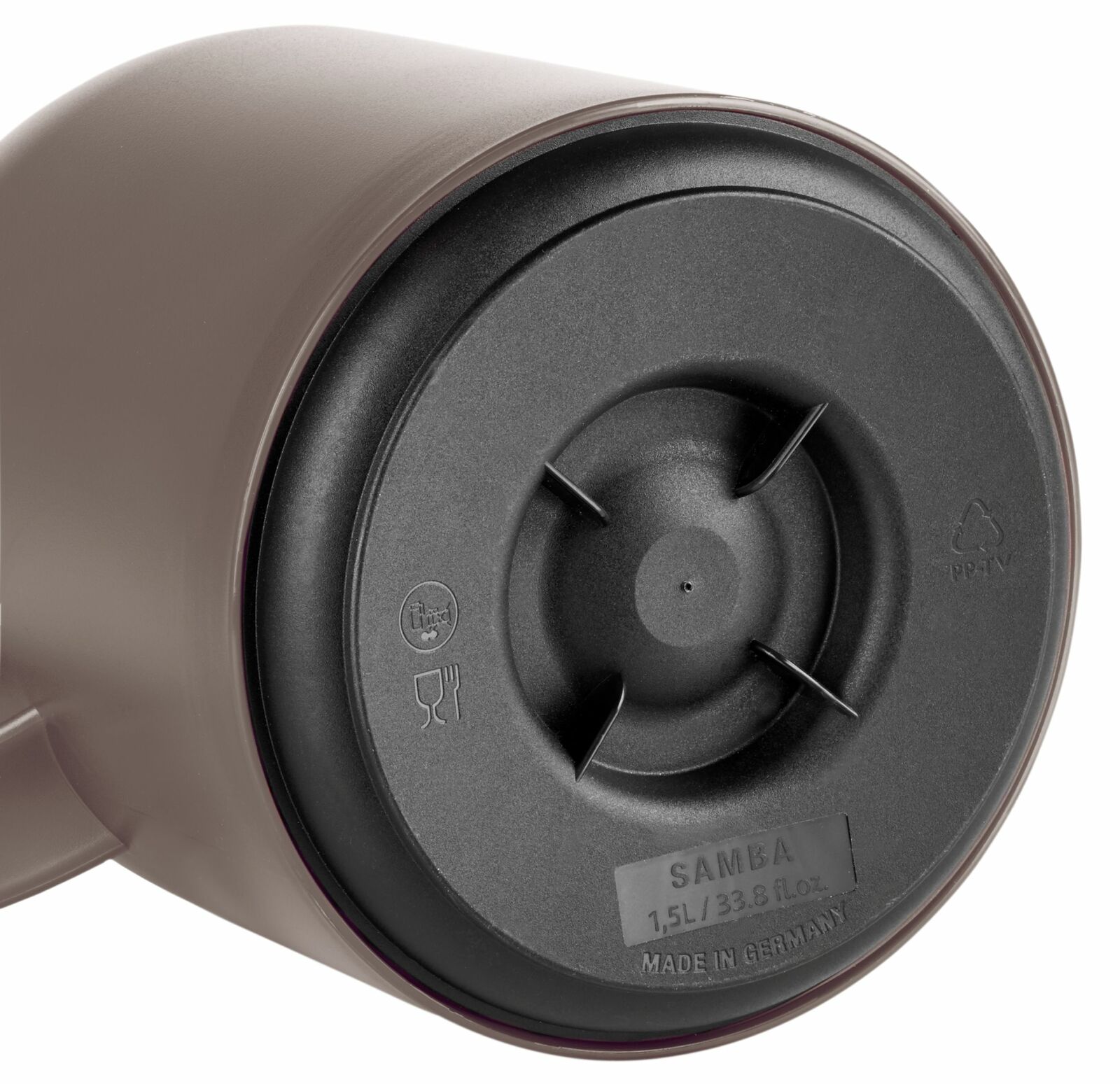 Bodenansicht einer taupefarbenen Isolierkanne SAMBA 1,5L, hergestellt in Deutschland.