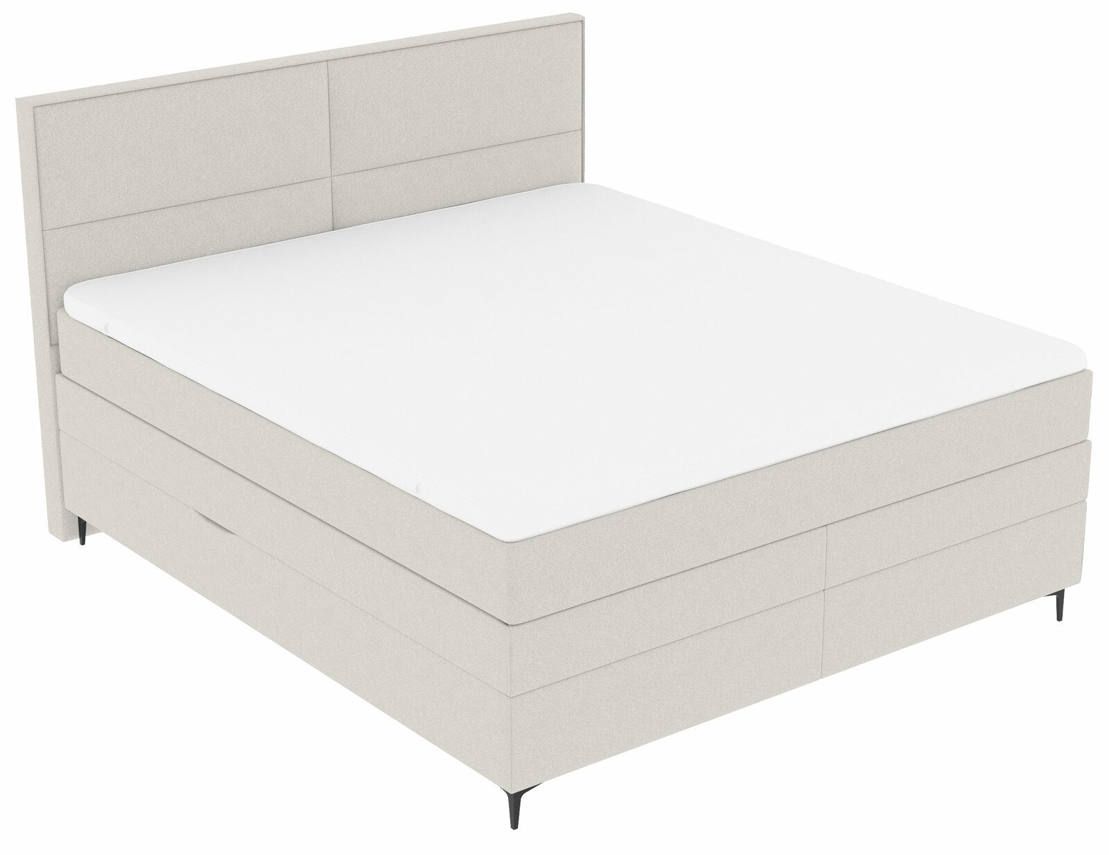 Boxspringbett in seitlicher Perspektive mit hellem Stoffbezug und schlichtem Design