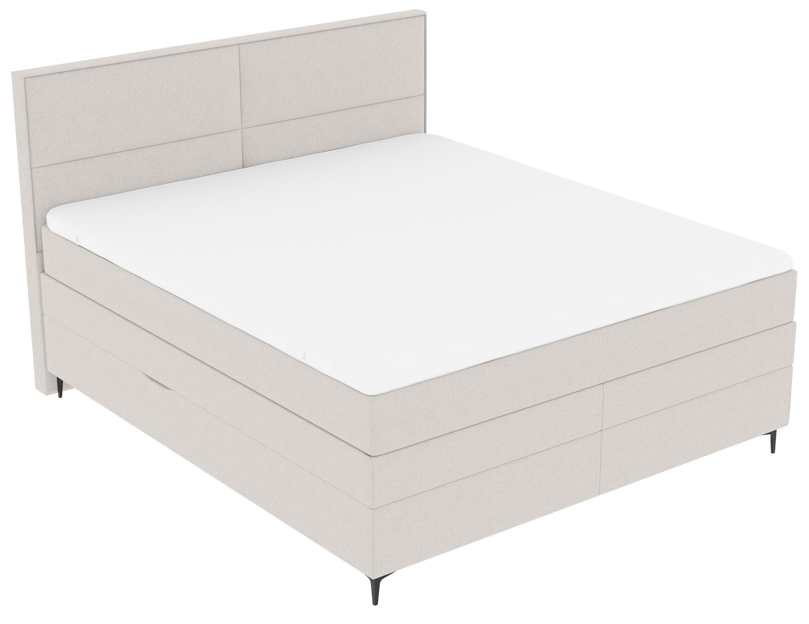 Boxspringbett in seitlicher Perspektive mit hellem Stoffbezug und schlichtem Design