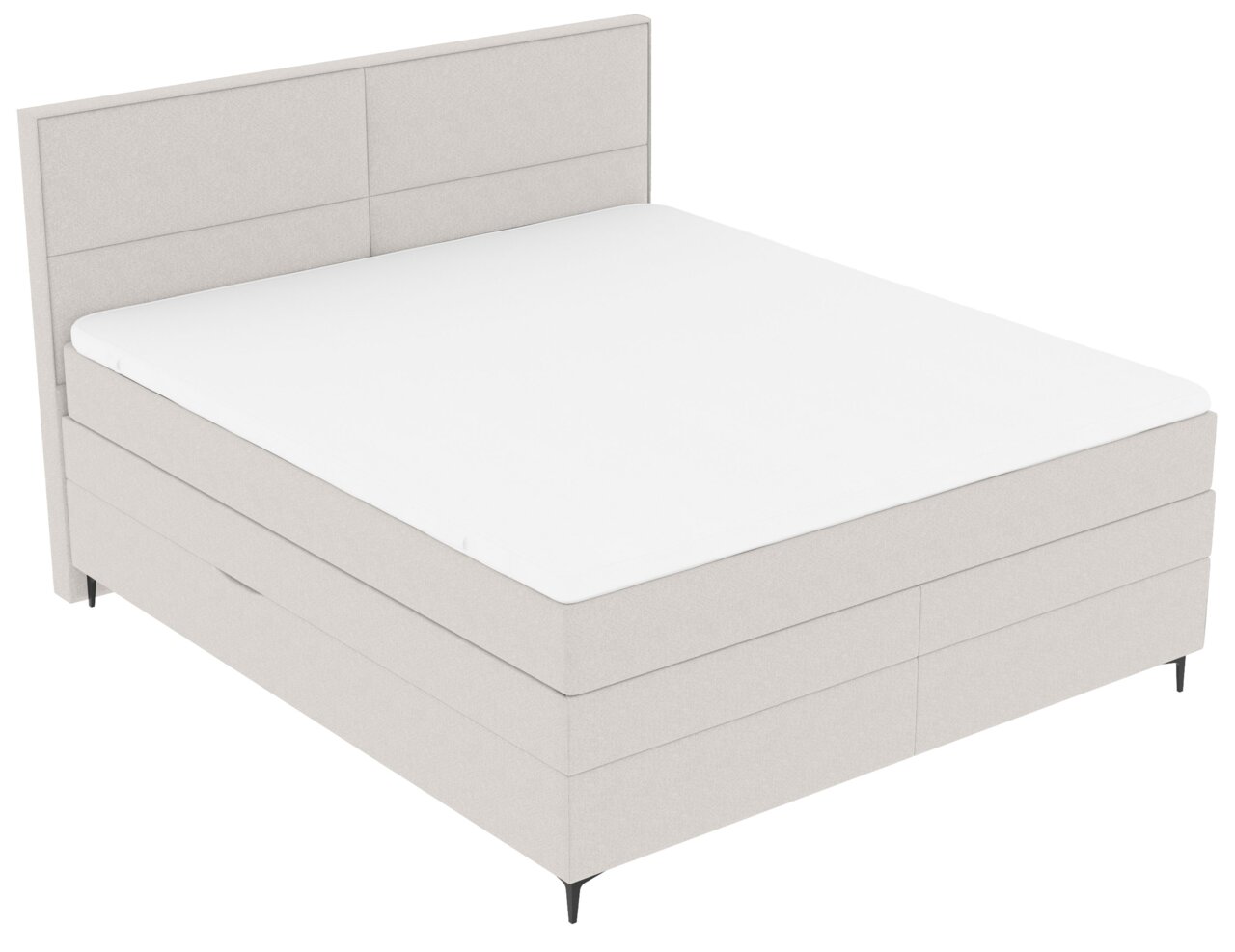 Boxspringbett in seitlicher Perspektive mit hellem Stoffbezug und schlichtem Design