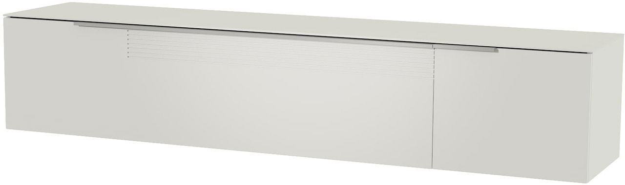 Frontansicht eines weißen XL Hänge-Lowboards mit glatter Oberfläche und dezentem Griffdesign.