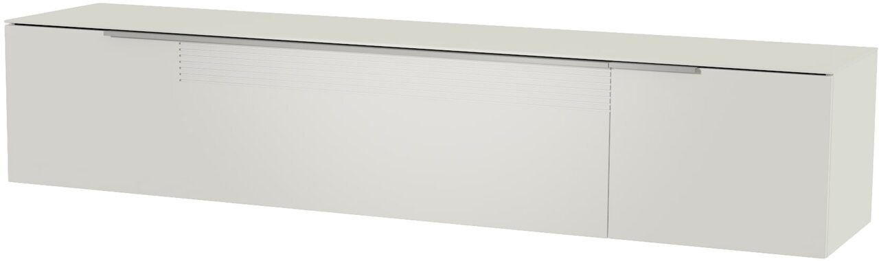 Vooraanzicht van een wit XL hangend lowboard met een glad oppervlak en een subtiel handgreepontwerp.