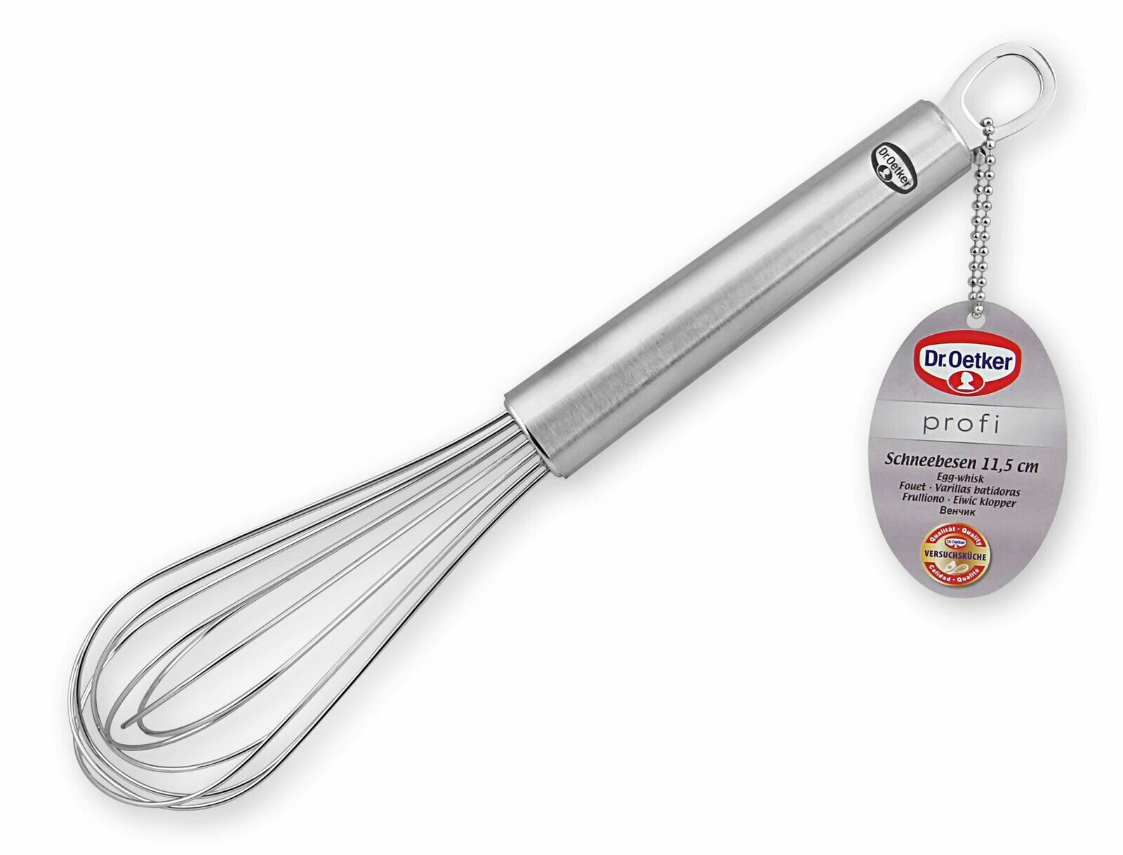 Schneebesen 25cm Profi aus Edelstahl, seitliche Ansicht mit Etikett