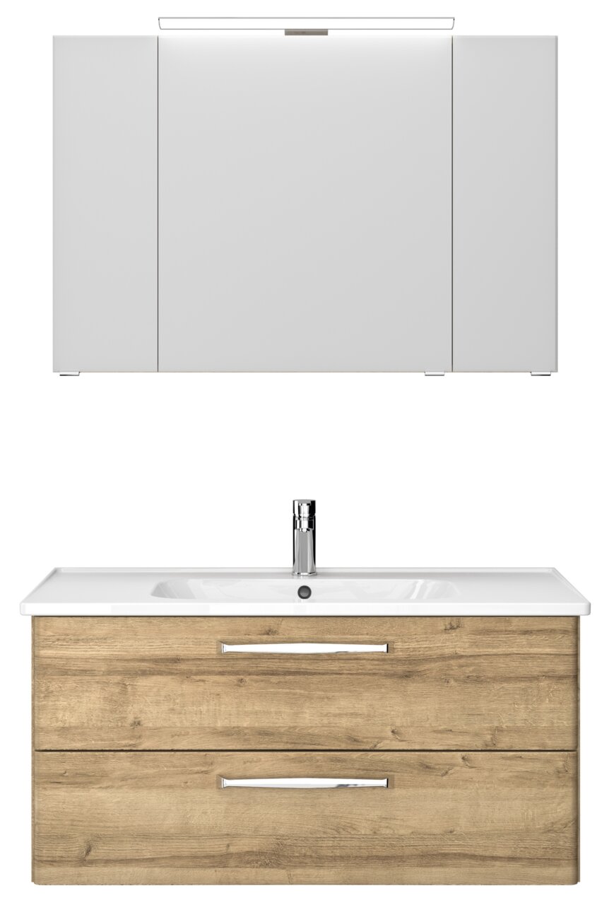 Pelipal Badblock TRENTINO Frontale Ansicht eines modernen Badblocks mit weißem Spiegelschrank und Waschbeckenunterschrank in Holzoptik.