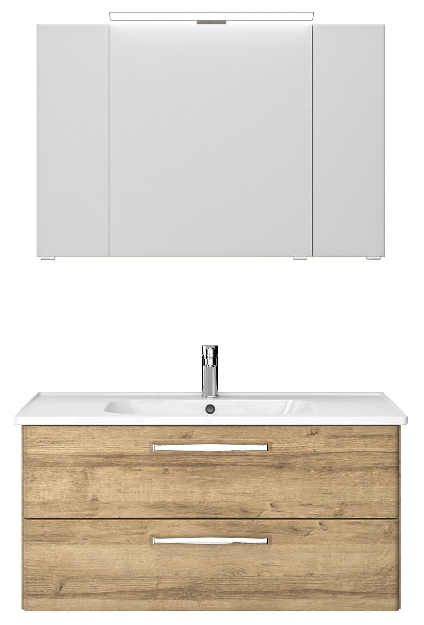 Frontale Ansicht eines modernen Badblocks mit weißem Spiegelschrank und Waschbeckenunterschrank in Holzoptik.