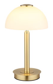 Elegante Tischleuchte mit goldfarbenem Standfuß und weißem, halbkugelförmigem Lampenschirm, seitliche Perspektive.