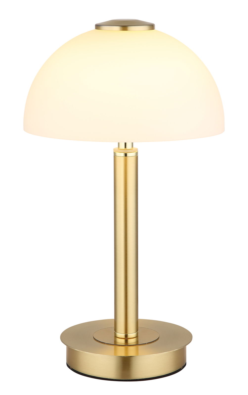 Elegante Tischleuchte mit goldfarbenem Standfuß und weißem, halbkugelförmigem Lampenschirm, seitliche Perspektive.