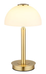Elegante Tischleuchte mit goldfarbenem Standfuß und weißem, halbkugelförmigem Lampenschirm, seitliche Perspektive.