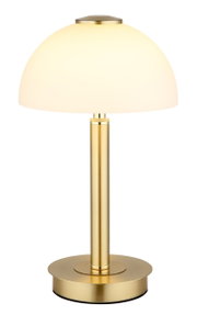 Elegante Tischleuchte mit goldfarbenem Standfuß und weißem, halbkugelförmigem Lampenschirm, seitliche Perspektive.