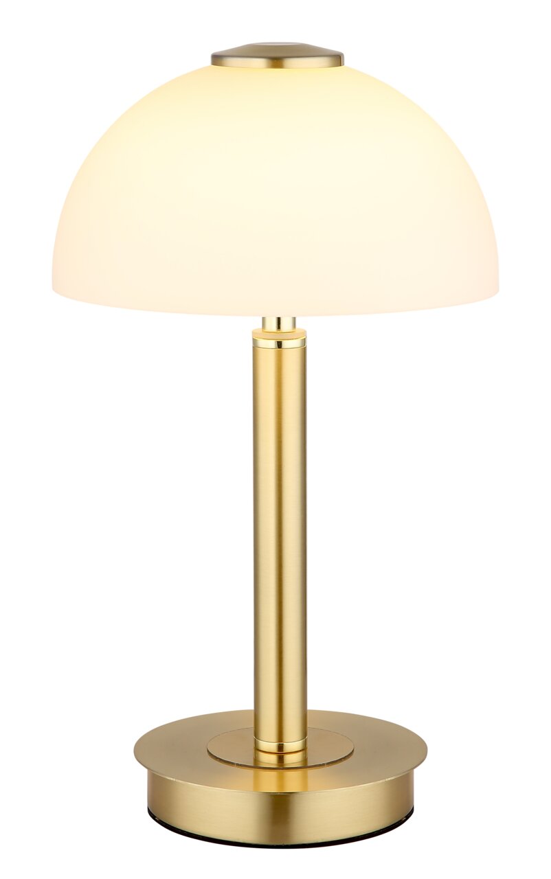 Globo Lighting Tischleuchte ULDIN Elegante Tischleuchte mit goldfarbenem Standfuß und weißem, halbkugelförmigem Lampenschirm, seitliche Perspektive.