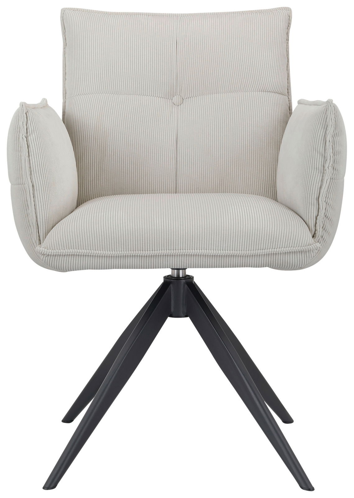 Frontansicht eines modernen Armlehnstuhls mit hellgrauem Stoffbezug und schwarzen Metallbeinen.