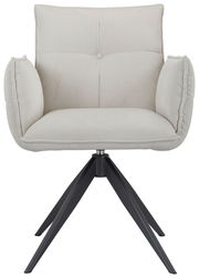 Frontansicht eines modernen Armlehnstuhls mit hellgrauem Stoffbezug und schwarzen Metallbeinen.