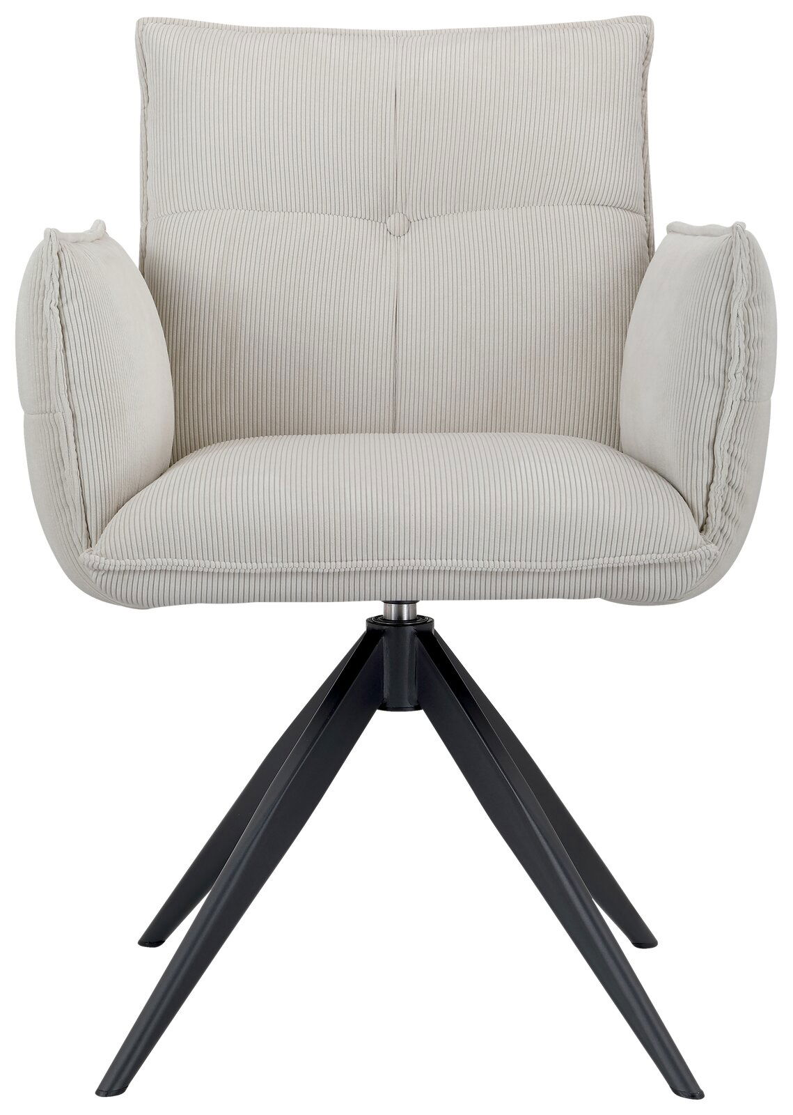 Frontansicht eines modernen Armlehnstuhls mit hellgrauem Stoffbezug und schwarzen Metallbeinen.