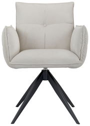 Frontansicht eines modernen Armlehnstuhls mit hellgrauem Stoffbezug und schwarzen Metallbeinen.