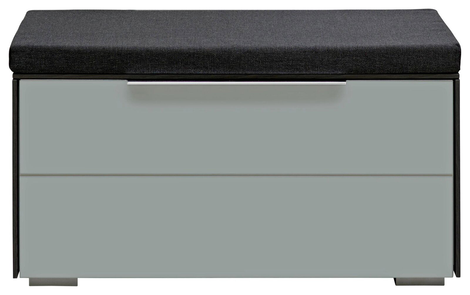 Bank aus der Serie LUXOR mit grauem Sitzpolster, frontal betrachtet.