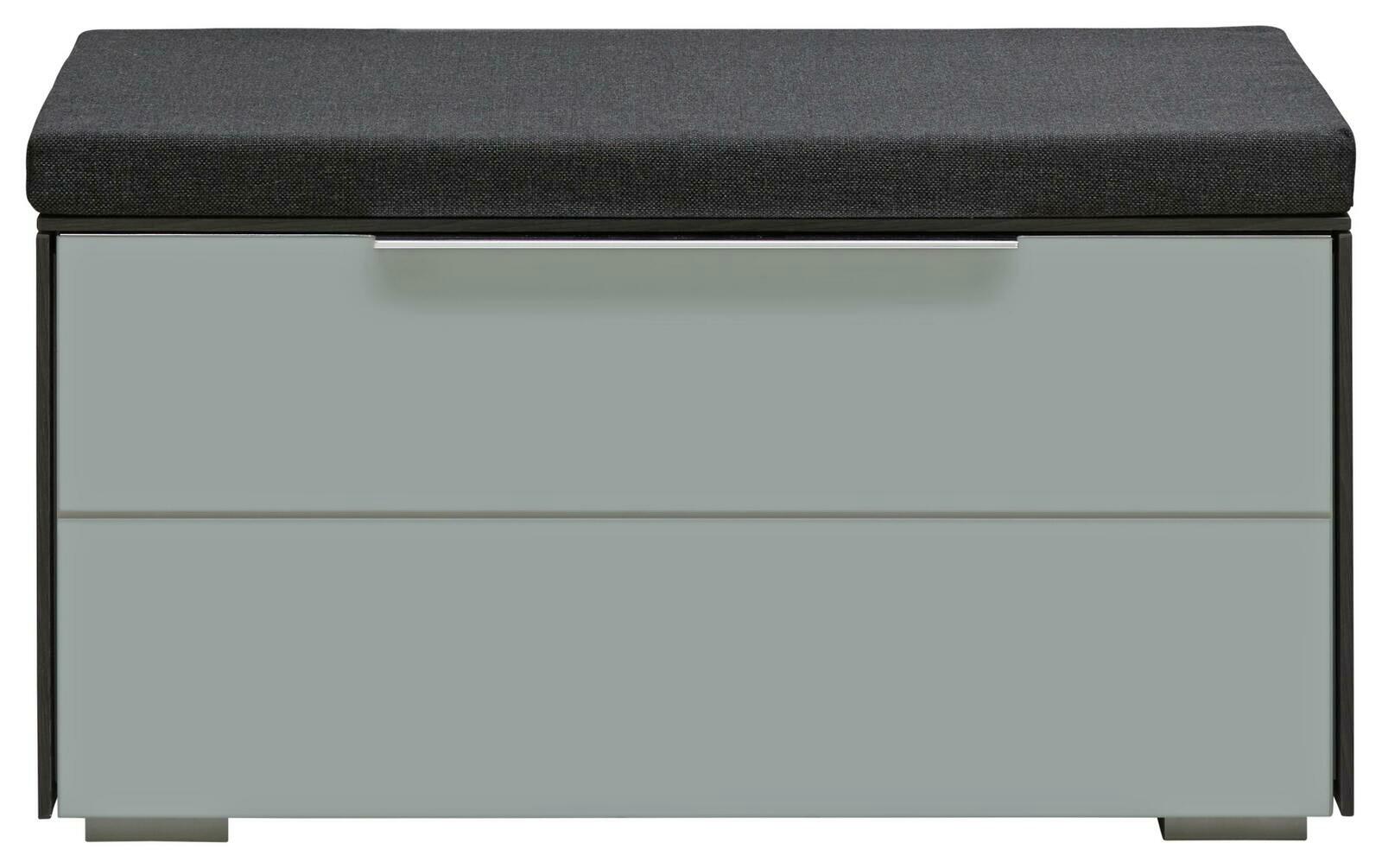 Bank aus der Serie LUXOR mit grauem Sitzpolster, frontal betrachtet.