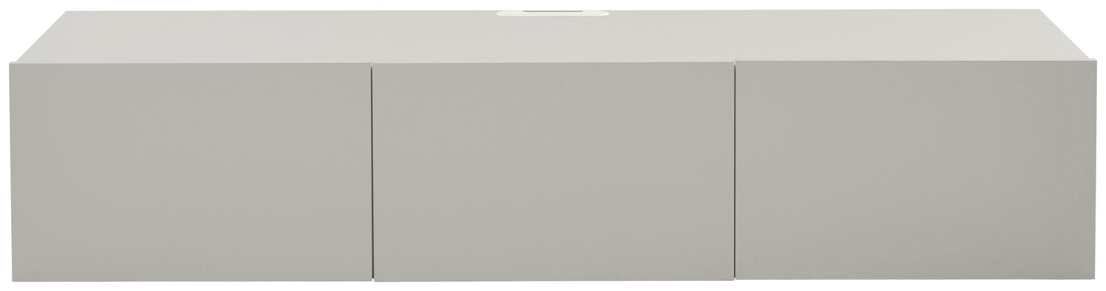 Frontansicht eines modernen, grauen TV-Hängelowboards mit drei Türen.