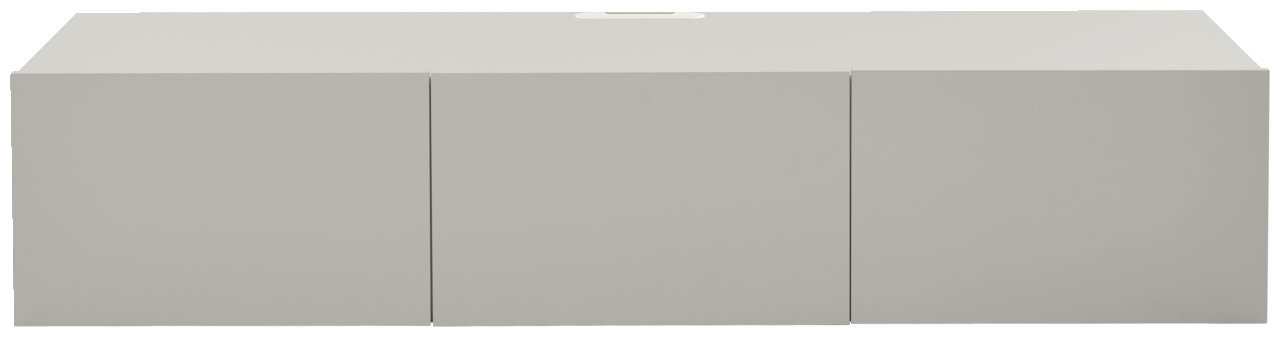 Vooraanzicht van een modern, grijs hangend tv-lowboard met drie deuren.