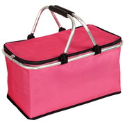 Roze opvouwbare koel-/picknickmand met aluminium frame, ritsdeksel en zwarte handgrepen, schuin van voren gefotografeerd (driekwartaanzicht).