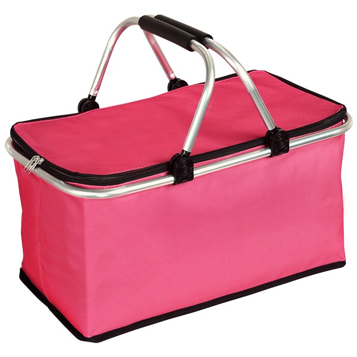 Roze opvouwbare koel-/picknickmand met aluminium frame, ritsdeksel en zwarte handgrepen, schuin van voren gefotografeerd (driekwartaanzicht).