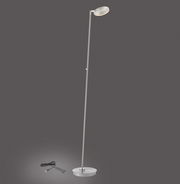 Moderne Akku-Stehleuchte BENTE von Paul Neuhaus in seitlicher Ansicht mit schlankem Design und rundem Lampenschirm, inklusive Ladekabel.