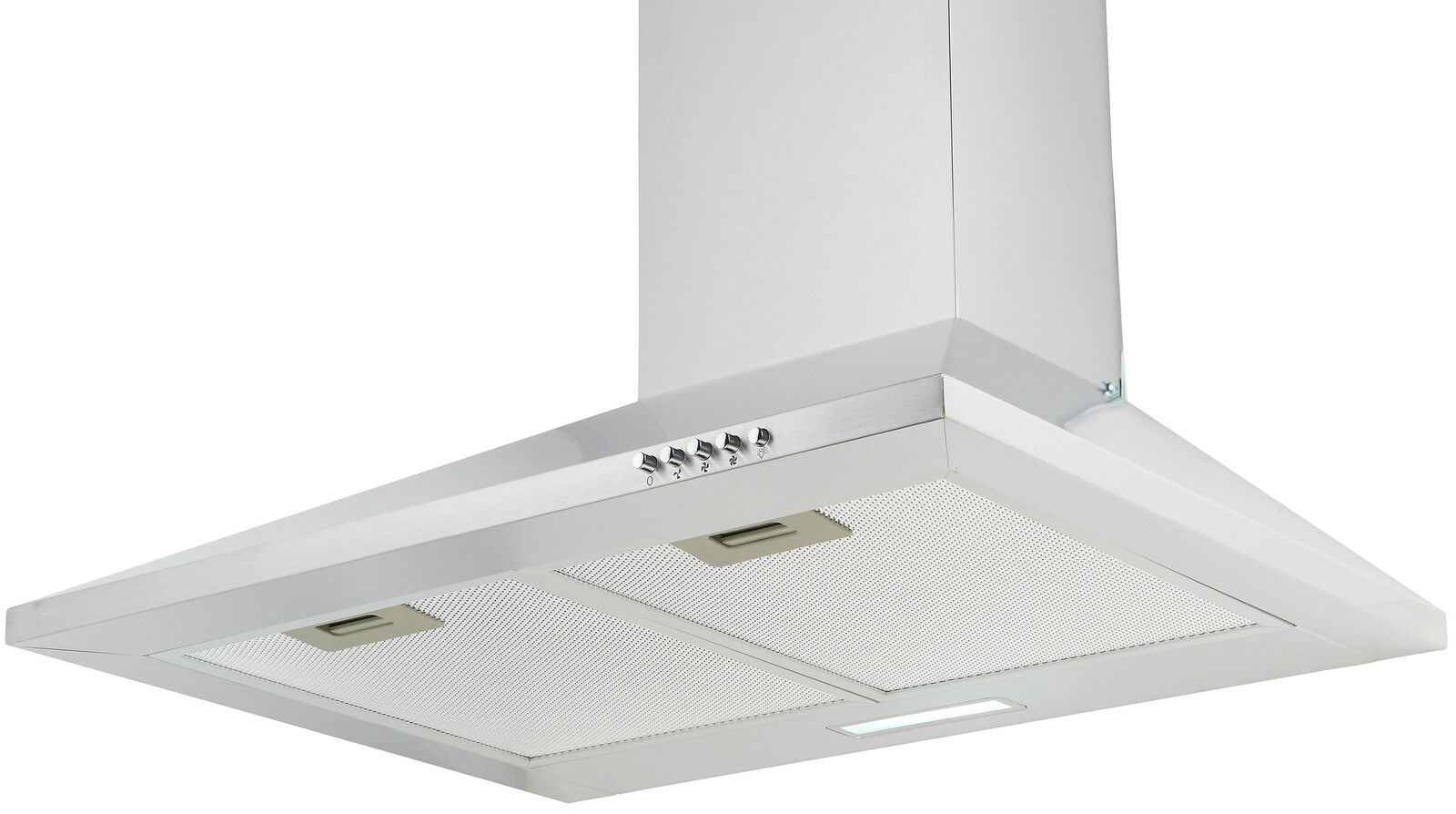 Moderne Edelstahl-Dunstabzugshaube in schräger Perspektive von unten fotografiert, mit Bedienelementen und Beleuchtung.