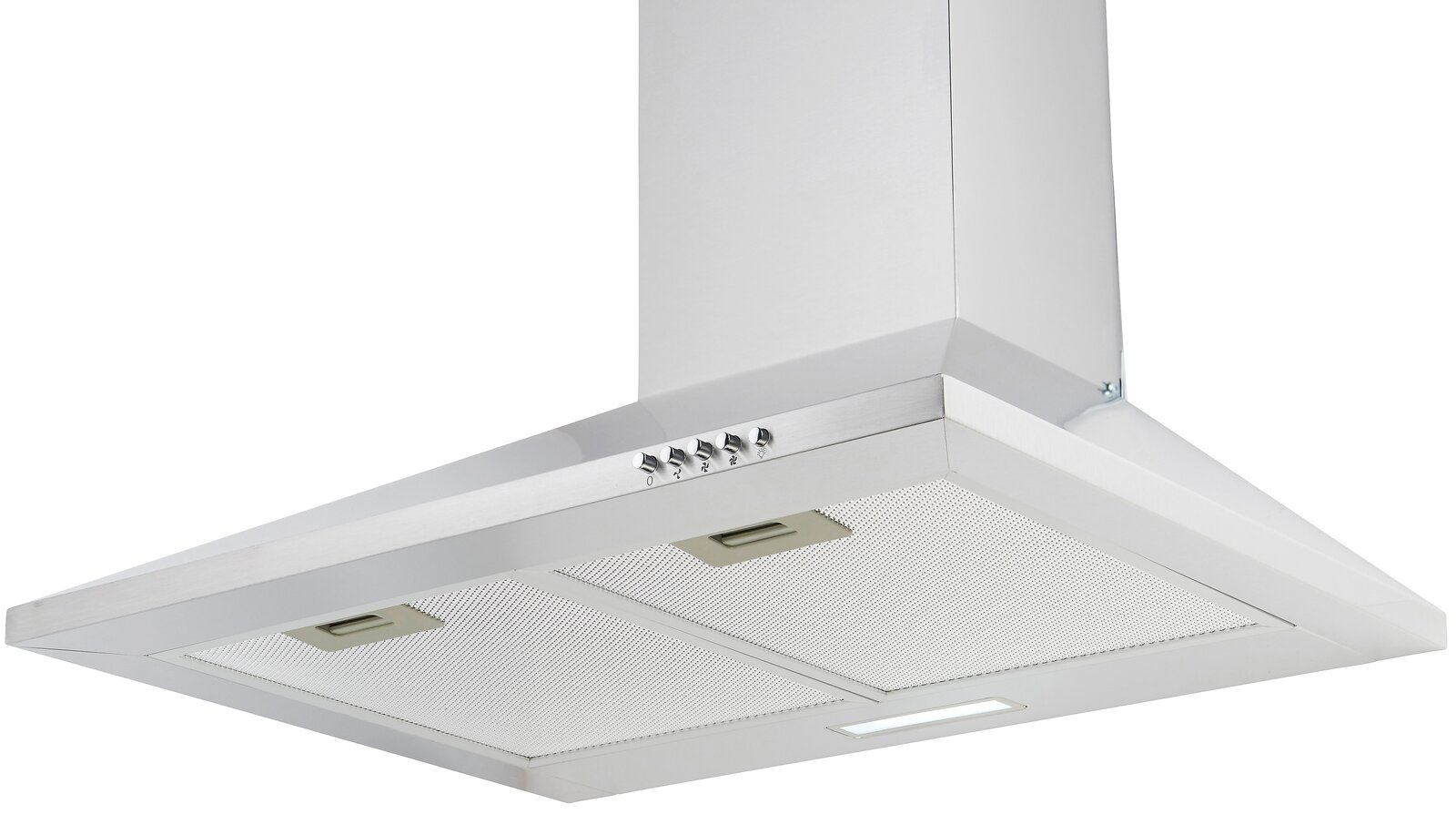 Moderne Edelstahl-Dunstabzugshaube in schräger Perspektive von unten fotografiert, mit Bedienelementen und Beleuchtung.