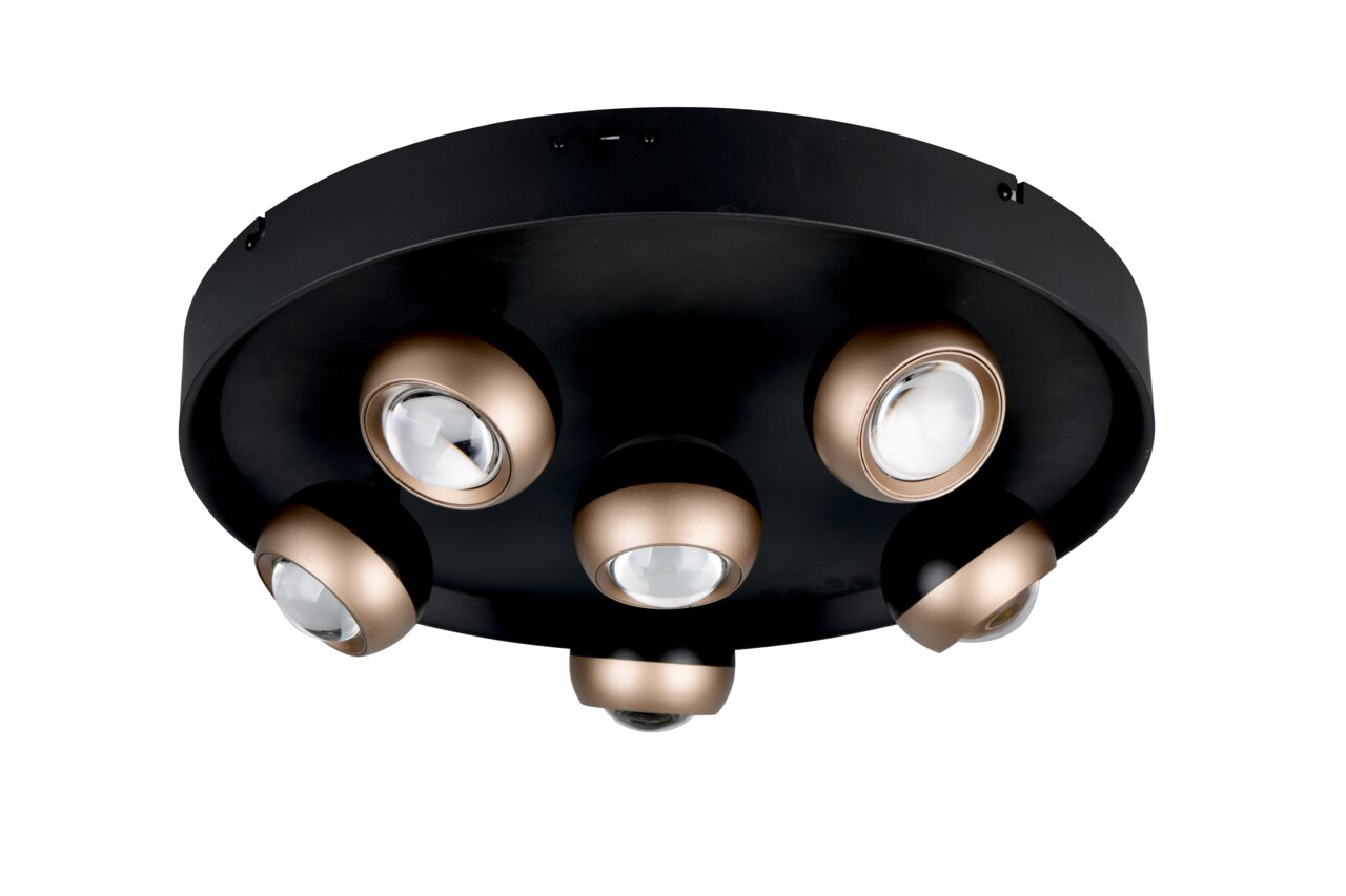 Moderne Deckenleuchte mit fünf verstellbaren Strahlern in Schwarz und Gold, seitliche Perspektive