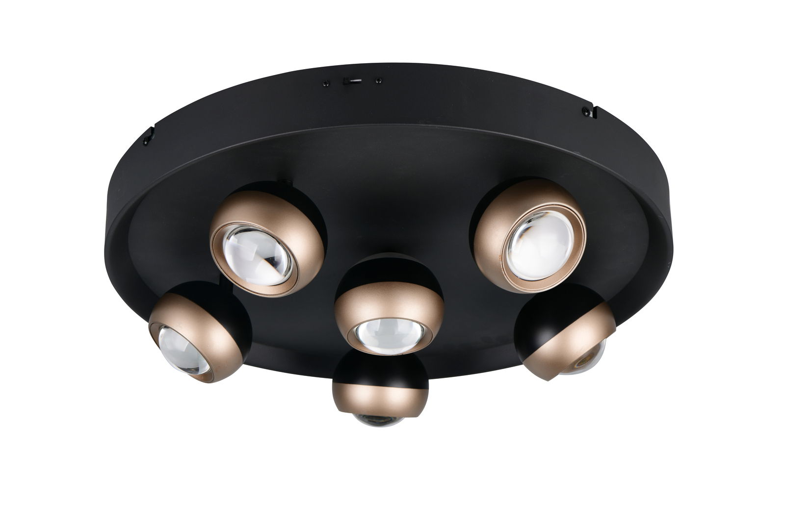 Moderne Deckenleuchte mit fünf verstellbaren Strahlern in Schwarz und Gold, seitliche Perspektive